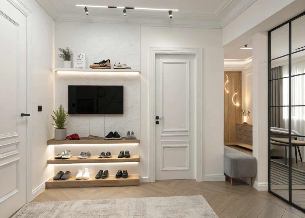 Wall-mounted floating shoe rack with soft LED lighting, minimalist living room entryway, Scandinavian style decor, clean modern interior