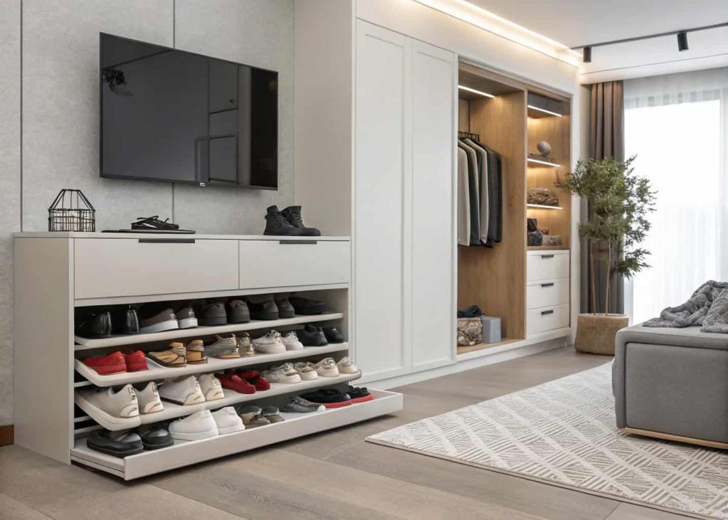 Organized hidden shoe cabinet interior, neatly arranged shoes, minimalist living room organization concept, modern home styling