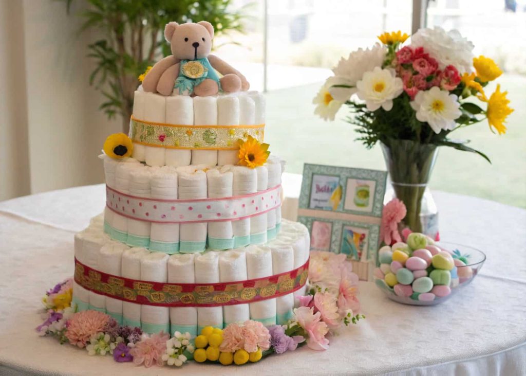 Tiered diaper cake decorated with ribbons, baby toys, and flowers on a decorated table”