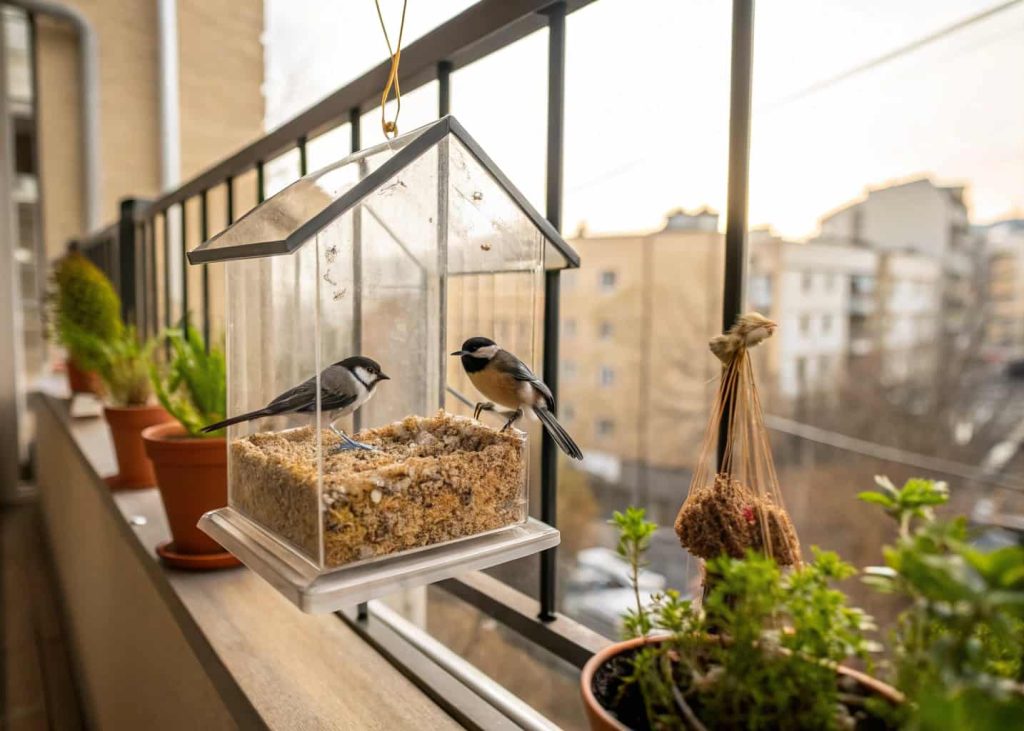 Small transparent window bird feeder with seeds, birds perched, cozy apartment balcony view.”
