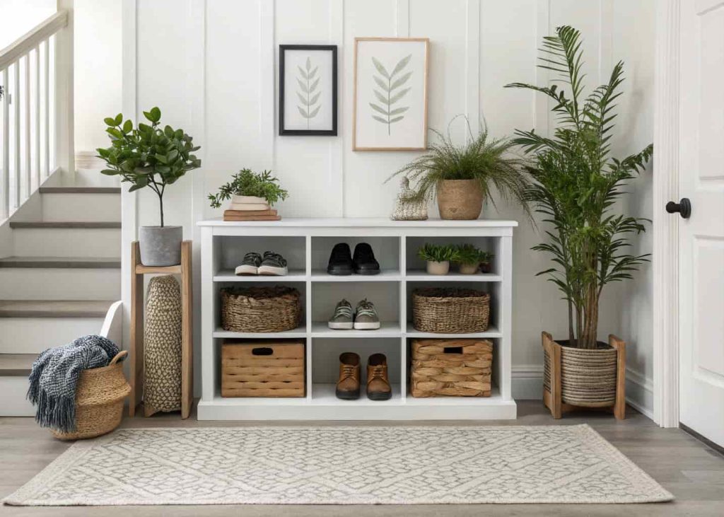 Open decorative shoe shelves styled with plants and baskets, modern living room entryway decor, aesthetic organization, contemporary home interior