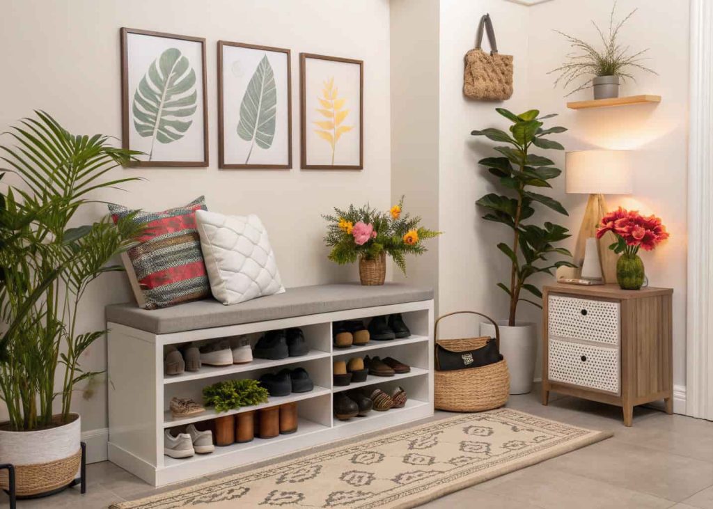 Decorated shoe storage area with plants and wall art, modern small living room styling, cozy and elegant interior setup