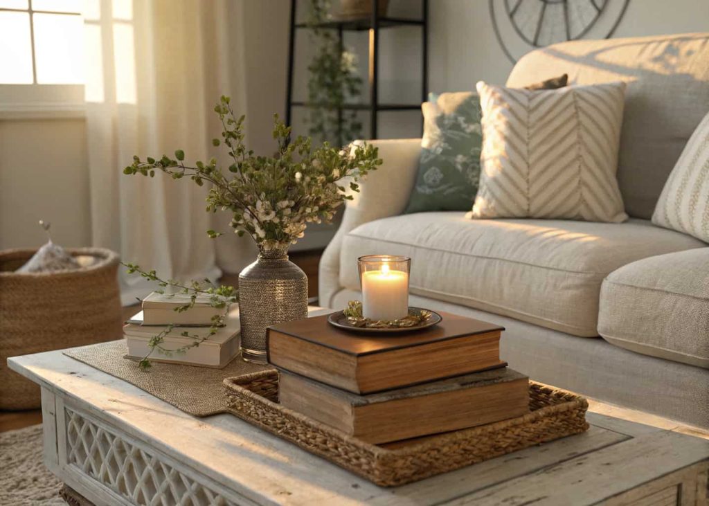 A cozy living room coffee table with stacked vintage books, topped with a small vase and candle, warm sunlight streaming in, neutral-toned décor, cozy and inviting atmosphere.