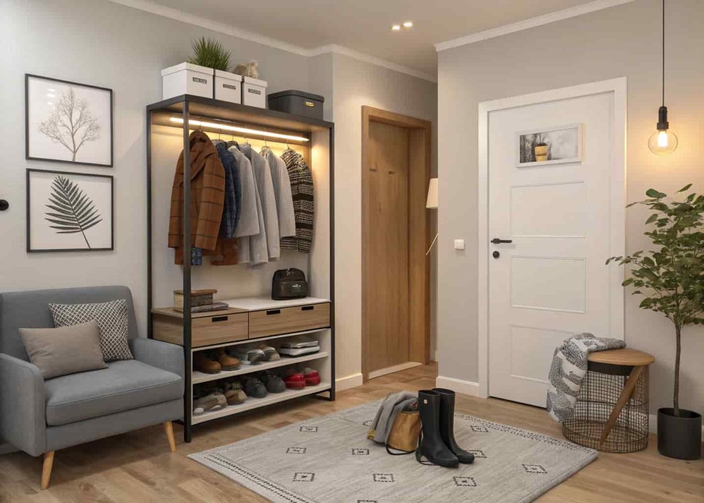 Small apartment living room entryway with compact slim shoe rack, space-saving furniture, cozy modern decor, organized minimalist layout