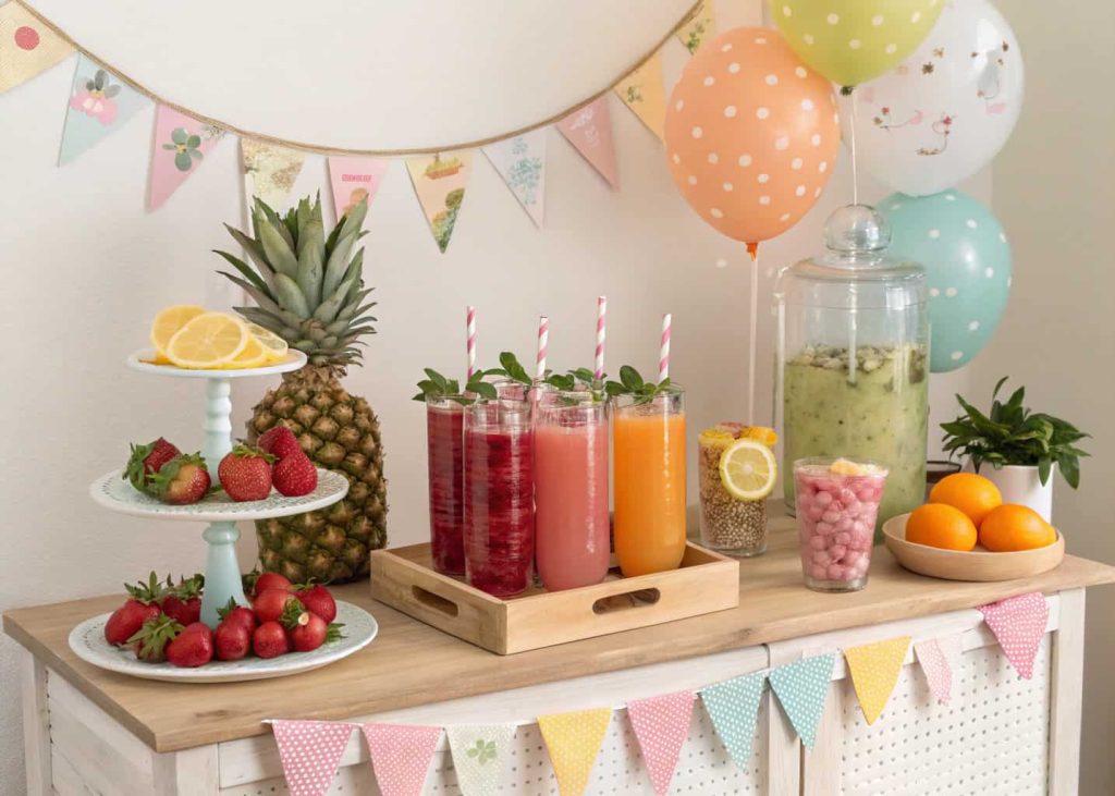 Baby shower mocktail bar with colorful drinks, fruit garnishes, and themed decorations”