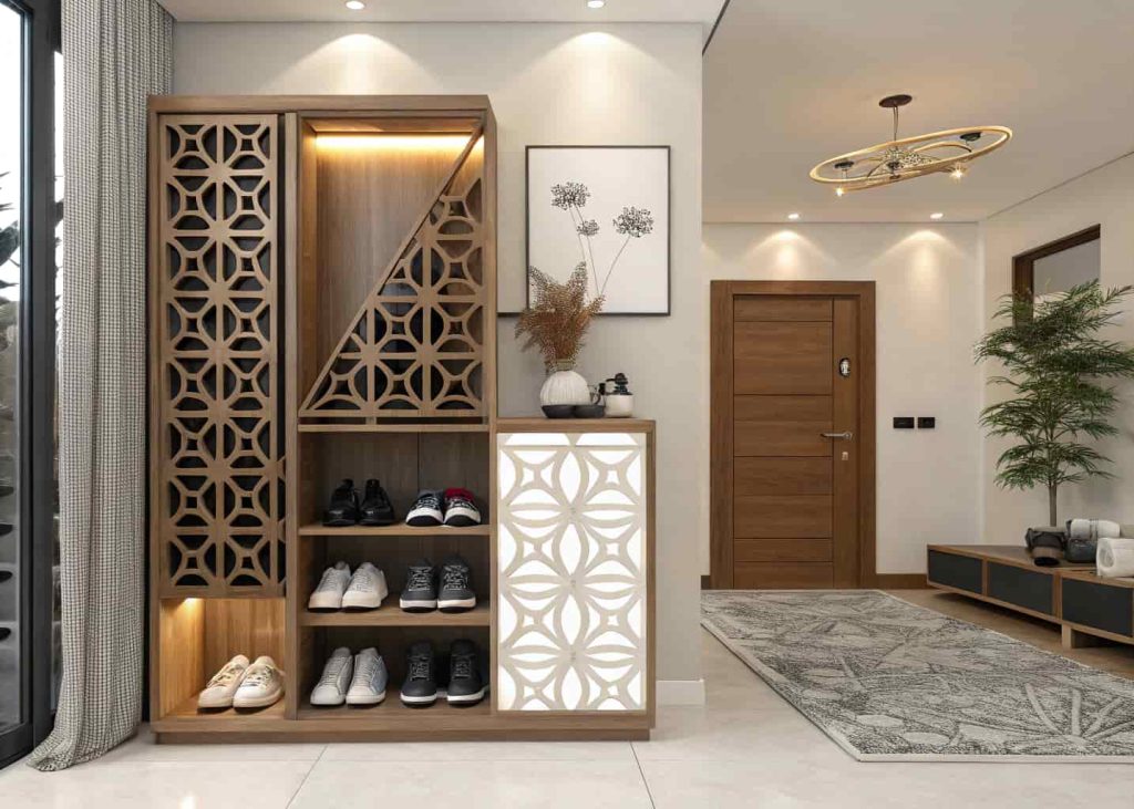 Modern shoe rack with decorative partitions, stylish living room entryway setup, geometric wooden design, organized footwear display, contemporary home interior