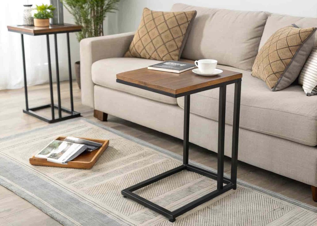 Modern corner table beside sofa, wooden and metal table design, balanced living room layout, stylish and functional furniture placement