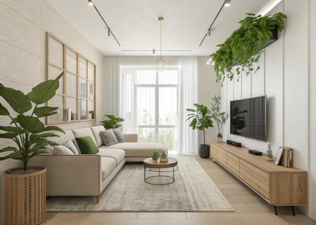 Minimalist modern living room, neutral colors, sleek furniture, natural light, plants, clean lines, cozy atmosphere"