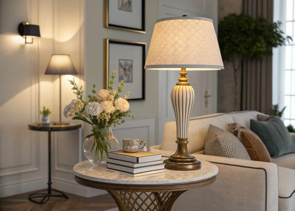 Corner table with stylish table lamp, warm ambient lighting, cozy living room corner styling, modern elegant decor setup