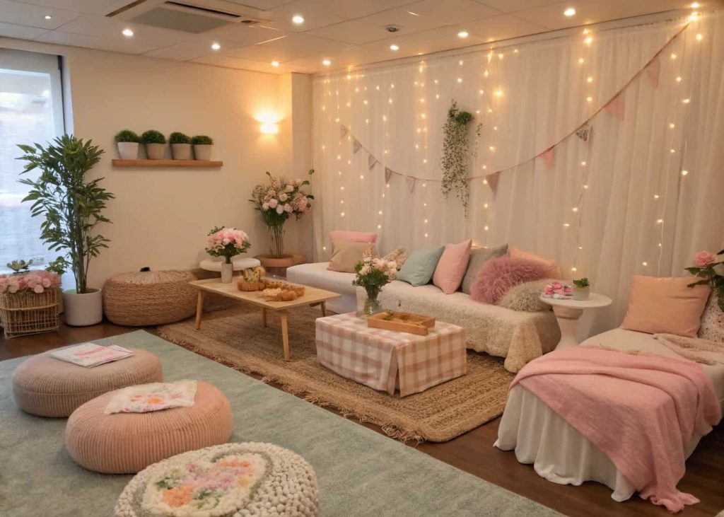 Baby shower cozy lounge area with cushions, throw blankets, low tables, and warm lighting