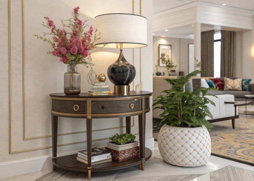 Designer-styled corner table with lamp, plant, and decorative accessories, layered decor arrangement, modern living room styling