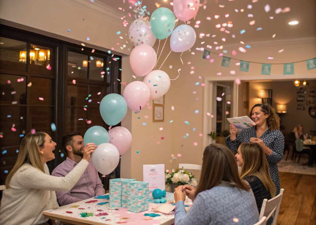 Guests participating in a baby name reveal game with balloons and confetti decorations”