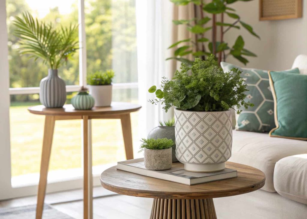Living room corner table with indoor plant, modern ceramic planter, fresh greenery decor, bright and airy interior styling