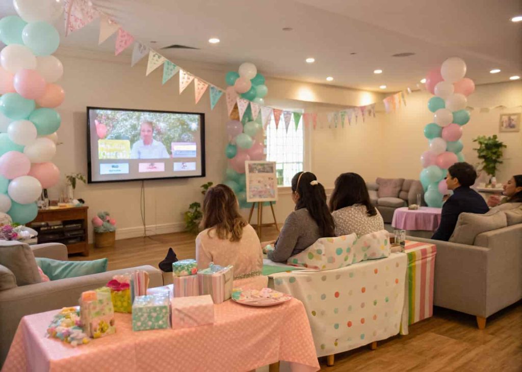 Baby shower guests watching a video montage of messages on a large screen with decorations around”