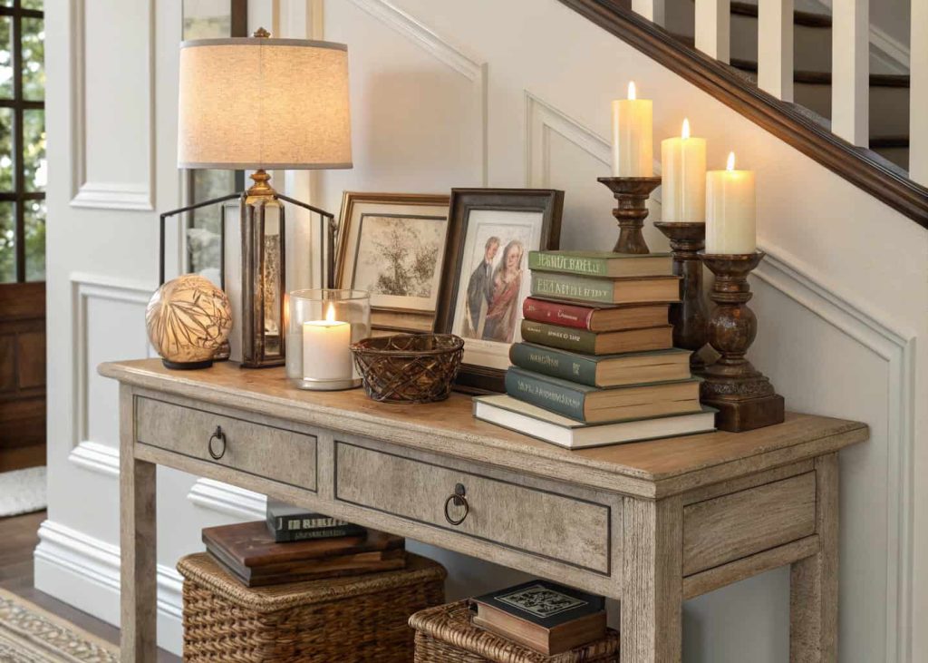 Entryway console table with stacked vintage books, small framed photos, candles, elegant and welcoming interior design.