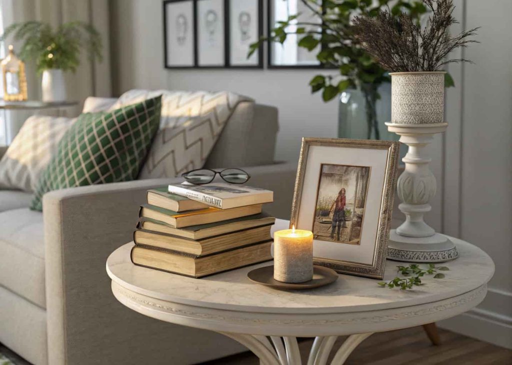 Corner table decorated with stacked books, candle, framed photo, elegant personal decor styling, cozy modern living room