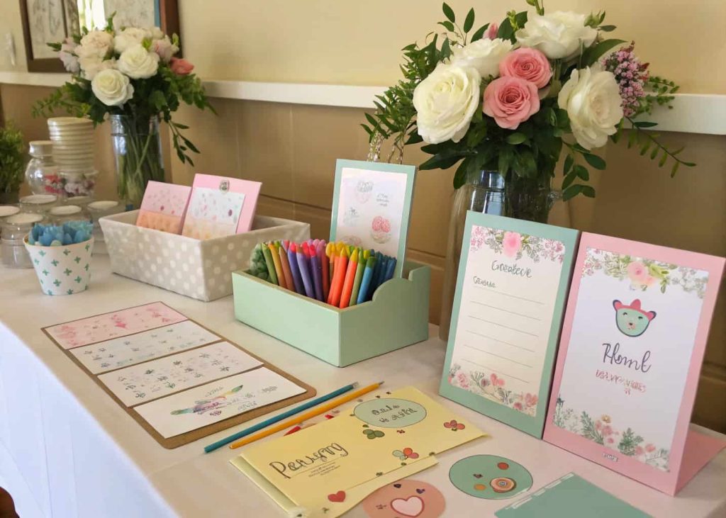 Baby shower thank-you card station with cards, pens, stickers, and floral decorations”