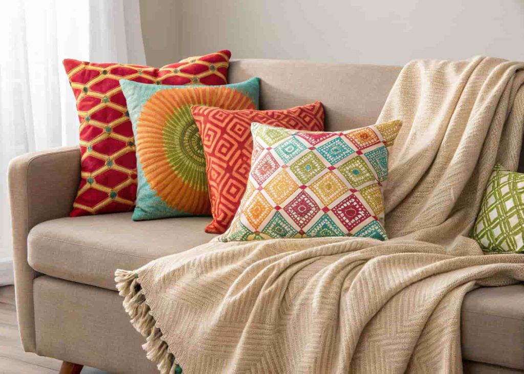 A sofa with colorful throw pillows and a cozy blanket
