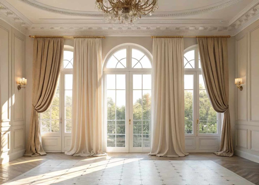 A bright room with elegant long curtains and natural light coming in