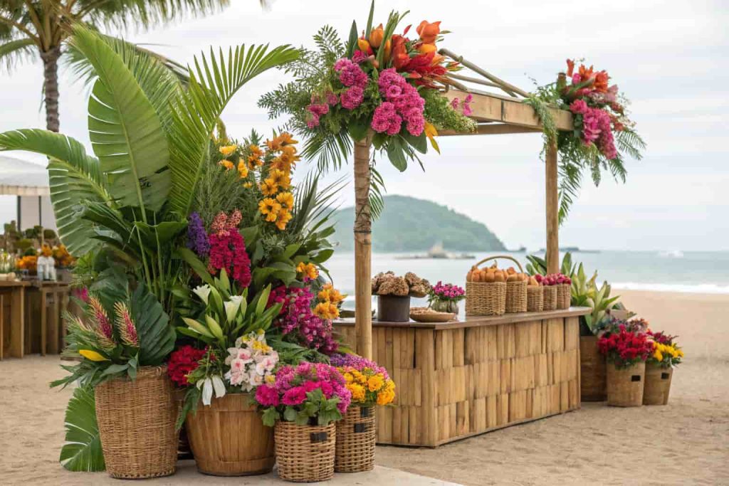 Tropical flower bouquet station with orchids, hibiscus, anthuriums, palm leaves, bamboo baskets, colorful island-themed event"