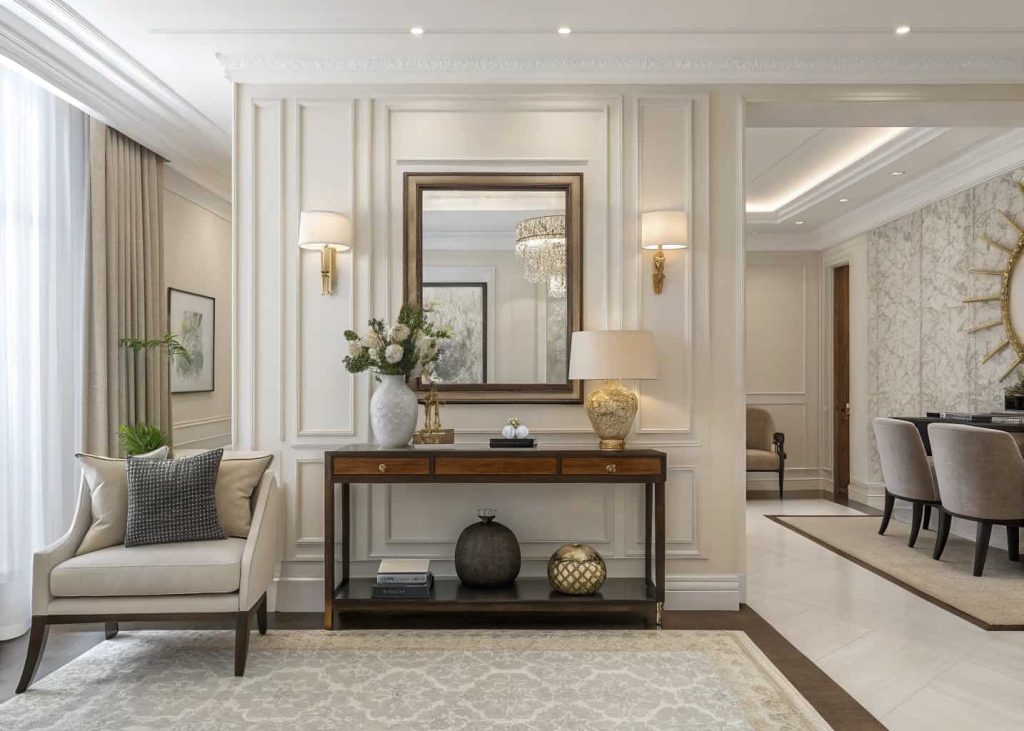 Corner table with wall mirror above, elegant living room decor, balanced vertical styling, modern interior design inspiration