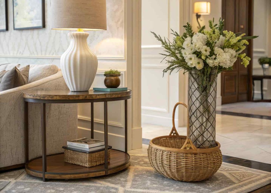 Textured corner table decor with ceramic vase, woven basket, mixed materials styling, elegant modern living room corner