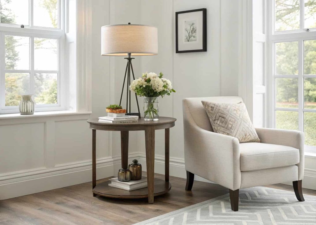 Minimalist corner table styling, clean and clutter-free decor, elegant modern living room corner setup, soft natural lighting