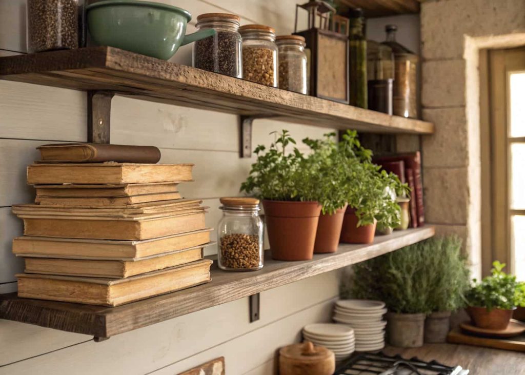 Kitchen open shelves with stacked vintage books, small potted herbs, jars, warm rustic kitchen style.
