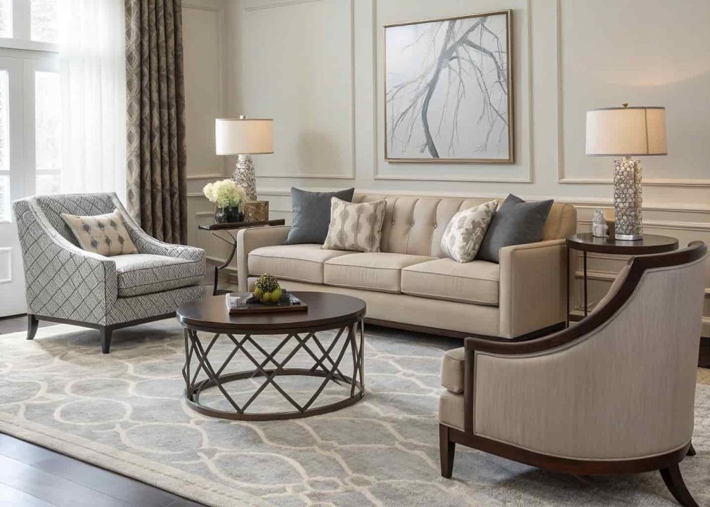 Corner table styled beside sofa and accent chair, coordinated furniture layout, balanced living room design, elegant modern interior setup