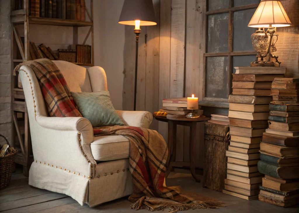 Cozy reading nook with vintage books stacked around a comfy chair, soft cushions and blanket, warm ambient lighting, inviting interior.