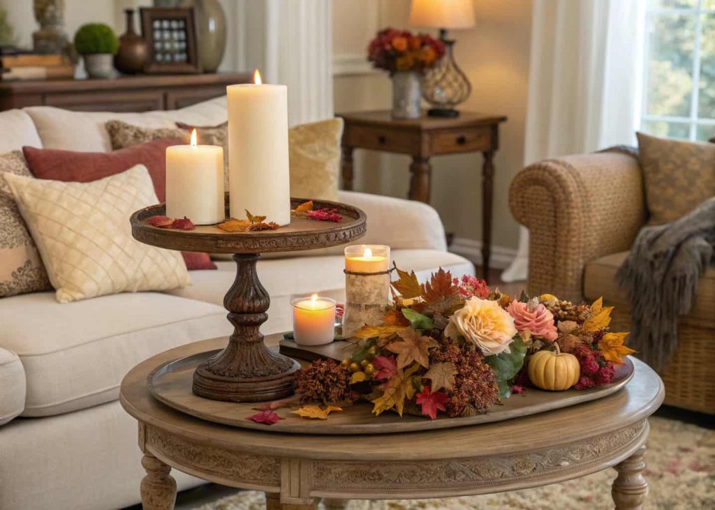 Seasonal corner table decor with candles and flowers, cozy living room styling, elegant rotating decorations, warm home interior