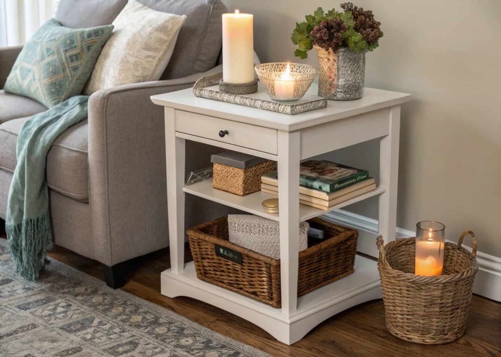 Functional corner table with tray, candle, and storage basket, cozy living room corner setup, practical yet elegant home styling