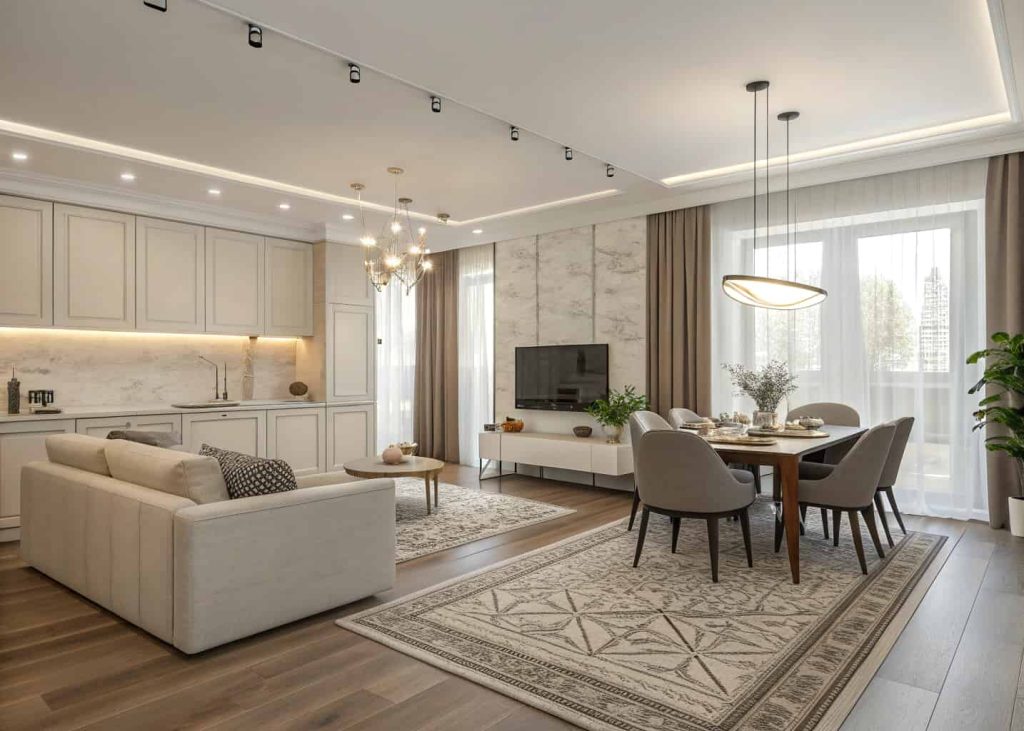 Open living and dining room separated by area rug and pendant lighting, modern neutral decor, sofa facing dining table, airy interior design, soft daylight