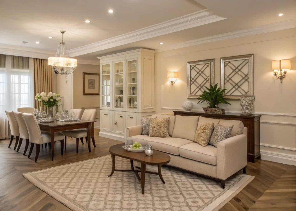 Neutral-toned combined living dining space, beige sofa, matching dining chairs, cohesive color scheme, elegant modern home interior, balanced decor styling