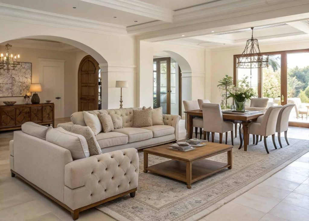 Stylish coordinated living and dining furniture, modern elegant sofa set, wooden dining table, cohesive interior styling, open plan home design