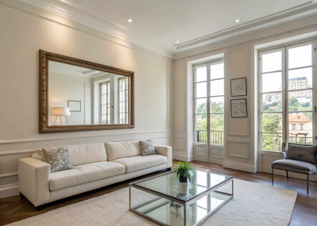 A modern room with a large wall mirror reflecting natural light