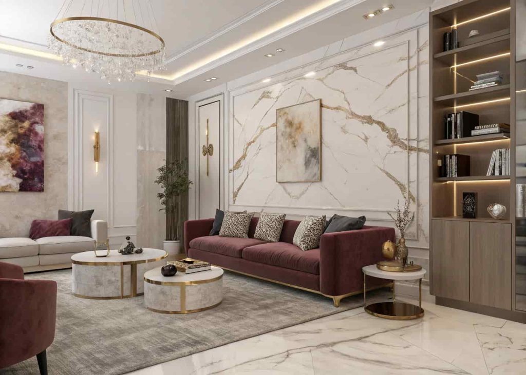 Modern luxury living room with marble surfaces, velvet cushions, metallic accents, layered textures, elegant contemporary styling.
