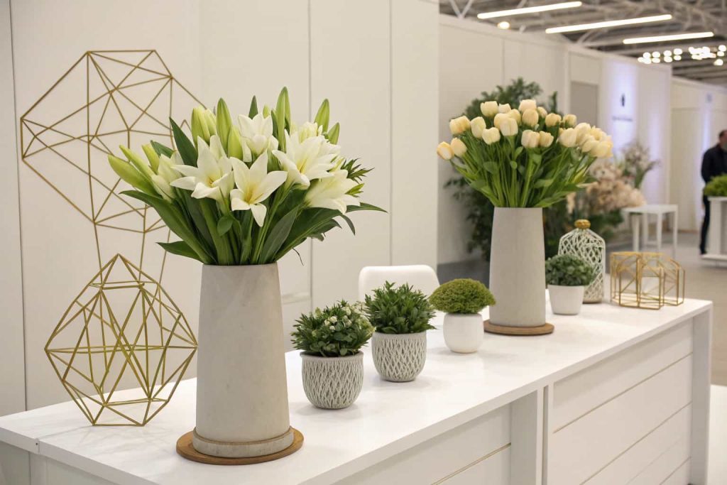"Minimalist modern flower bouquet station with tulips and lilies in neutral vases, clean table, geometric props, modern indoor event"