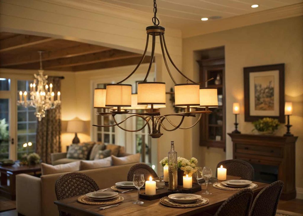 Elegant chandelier above dining table, warm ambient lighting, cozy living room lamps, open concept interior with layered lighting design