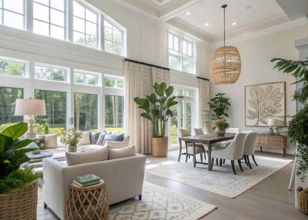 Combined living dining room with wall art, indoor plants, elegant decor accents, cohesive styling, bright and airy modern interior