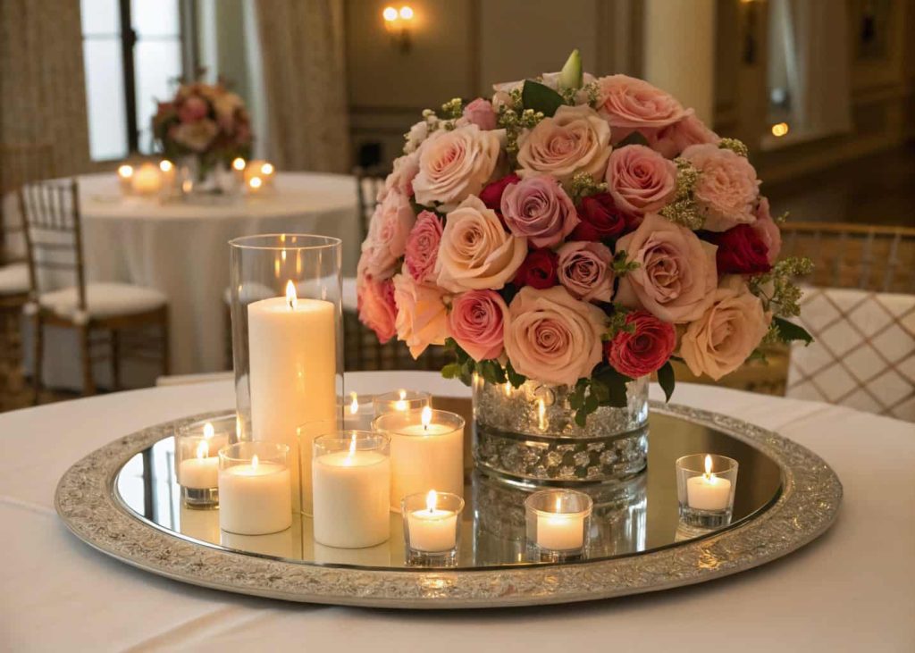 wedding centerpiece on round mirror base with candles and roses, elegant reflective wedding table decor, luxury reception centerpiece
