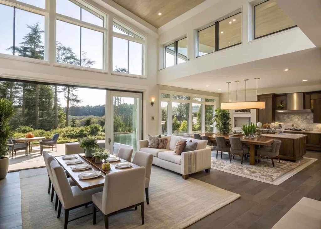 Open layout living and dining room with clear walking paths, balanced furniture arrangement, spacious modern interior design, natural lighting