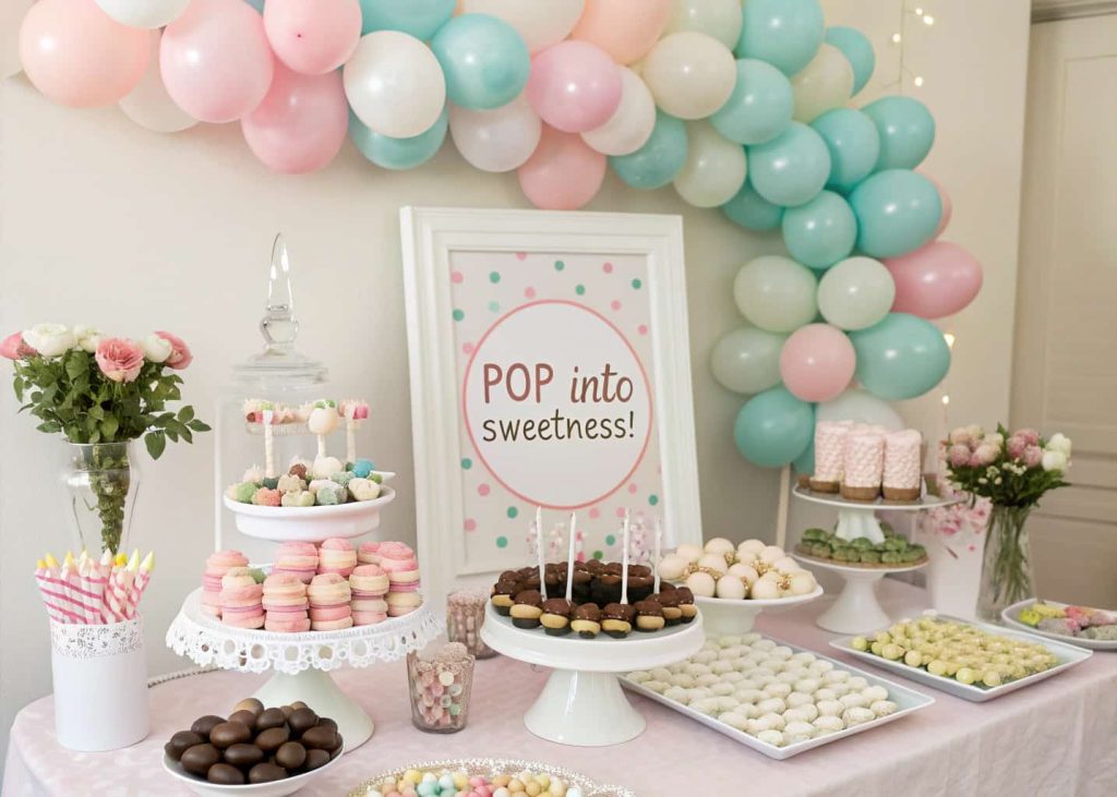 A baby shower candy table with pastel candies, chocolate pops, lollipops, tiered trays, balloons, and ‘Pop into Sweetness!’ signs.”