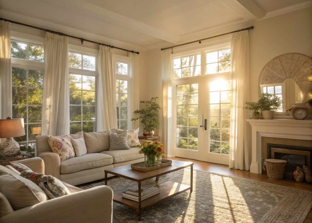 A cozy living room with sunlight streaming through large windows, light curtains, and mirrors reflecting the light.