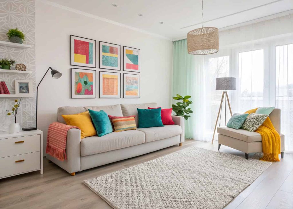 A modern living room with a neutral base, bright colorful cushions, a rug, and vibrant wall art.