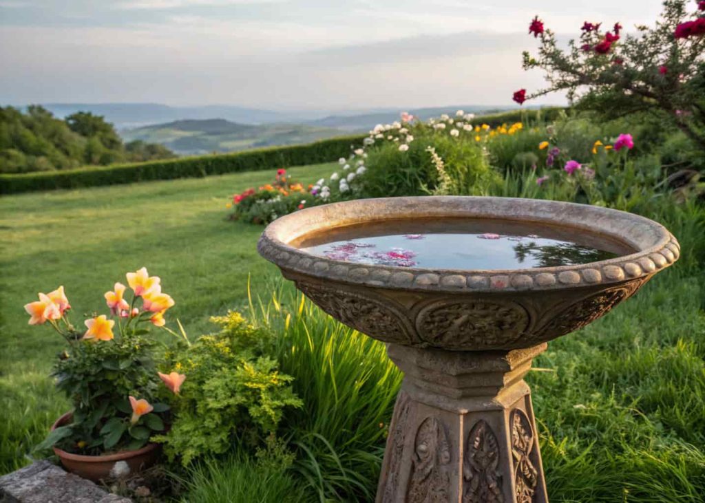 A shallow ceramic bowl on a decorative garden stand surrounded by flowers and green grass.