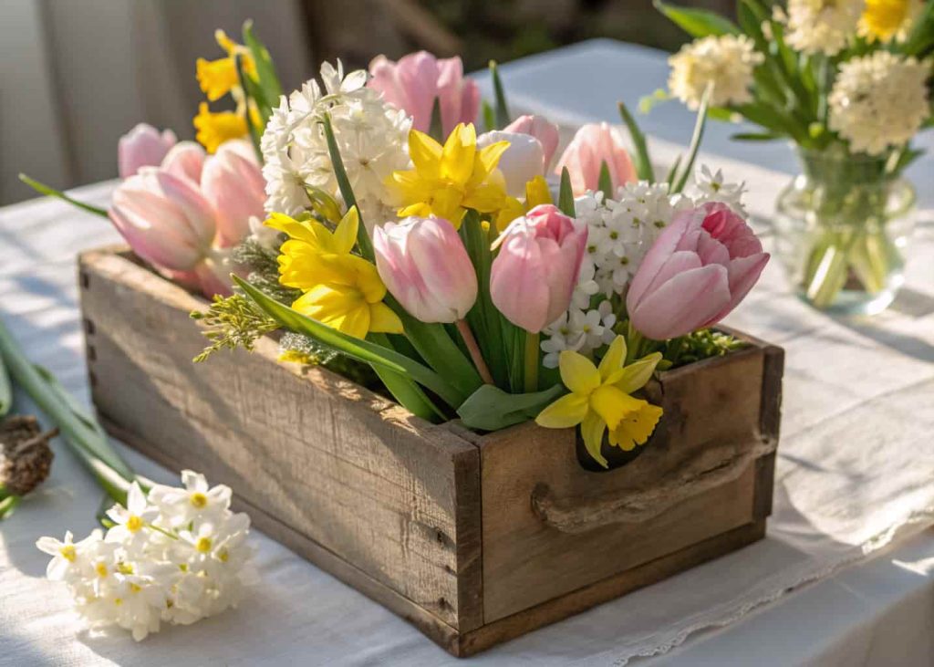A close-up of a rustic wooden box filled with pastel pink tulips, yellow daffodils, and white hyacinths on a white linen tablecloth, soft natural light, Easter morning, warm and bright atmosphere