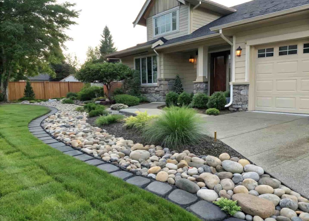 A front yard with smooth gray and beige river rocks replacing the grass lawn, with weed-control fabric underneath, clean edges, and a few green plants scattered throughout, natural daylight, realistic photo style