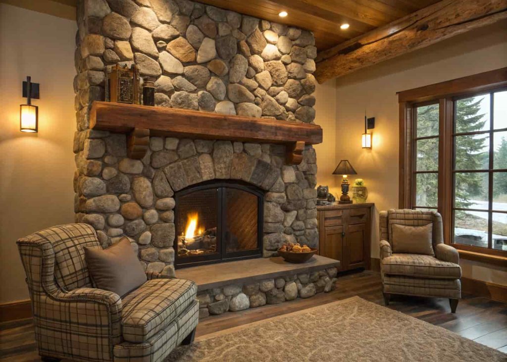 Full-wall river rock fireplace with warm brown and gray stones covering the entire wall, a lit fire inside, and a wooden mantel with cozy armchairs on each side