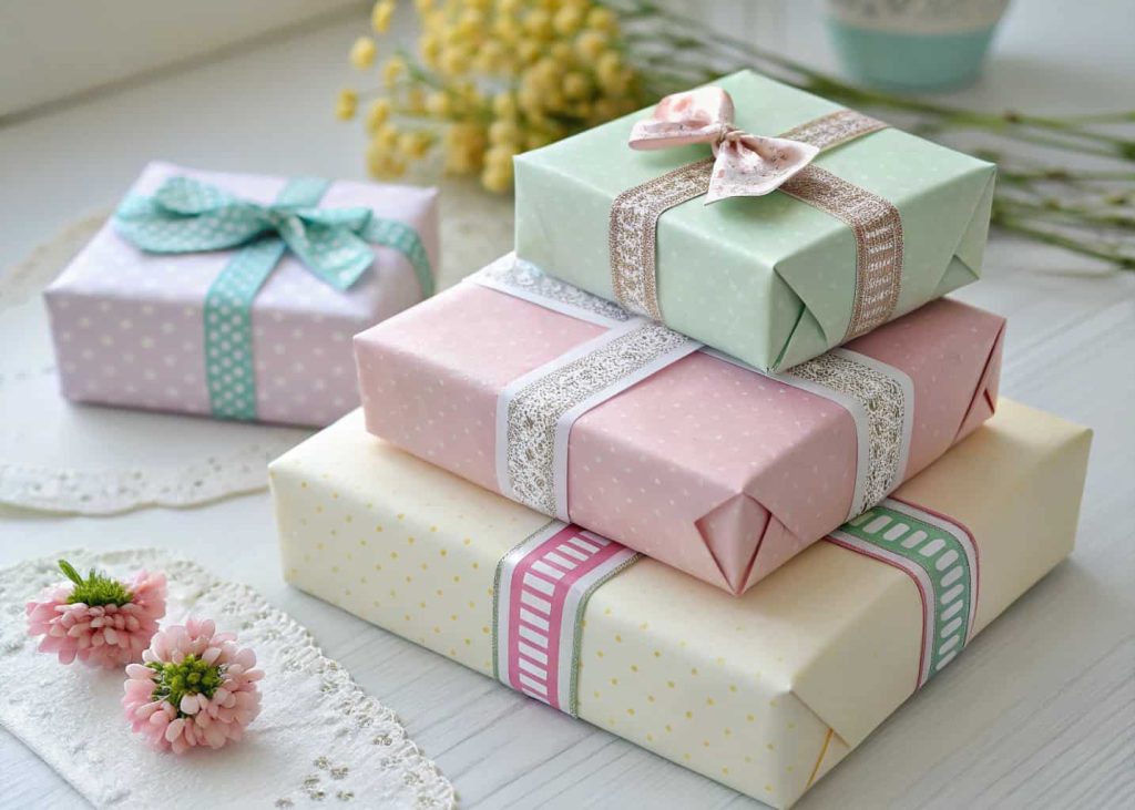 Handmade pastel paper gift boxes decorated with washi tape and ribbon bows stacked on a white surface.